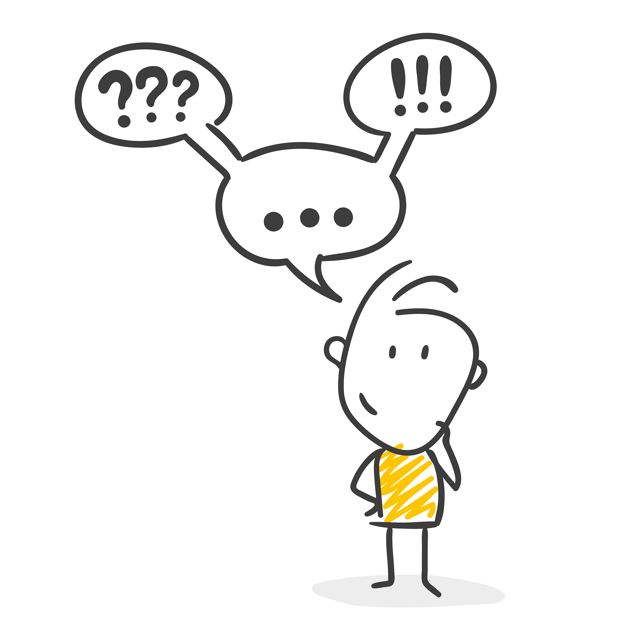 Gezeichnetes Männchen nutzt effektive Kommunikation - Sprechblasen verzweigen sich in weitere Sprechblasen, kommunikative Illustration.