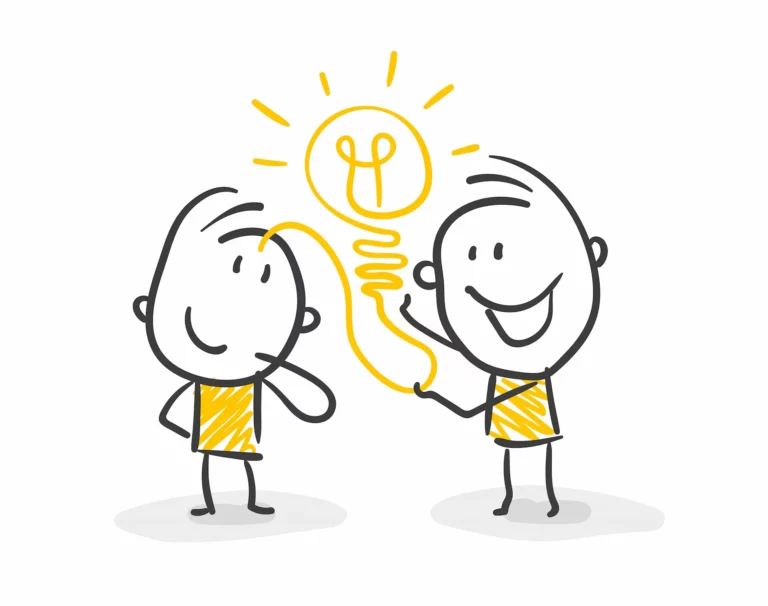 Kommunikative Illustration: Zwei gezeichnete Männchen, einer zieht gelben Faden, formt Glühbirne aus Kopf.