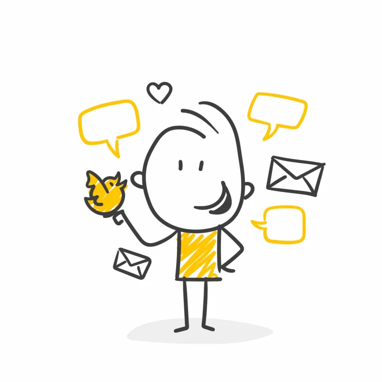 Gezeichnetes Männchen mit Sprechblasen, Briefen und Vogel in der Hand - kommunikative Illustration.