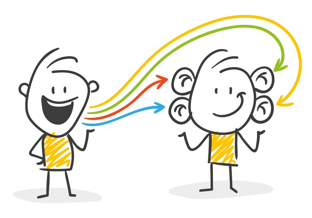 Kommunikative Illustration: Zwei gezeichnete Männchen, eins spricht mit vier Sprachlinien, anderes Männchen mit 4 Ohren.