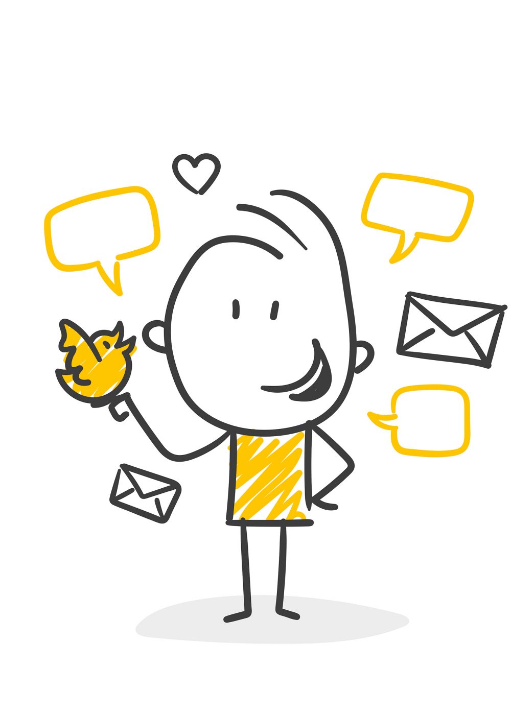 Gezeichnetes Männchen mit Sprechblasen, Briefen und Vogel in der Hand - kommunikative Illustration.